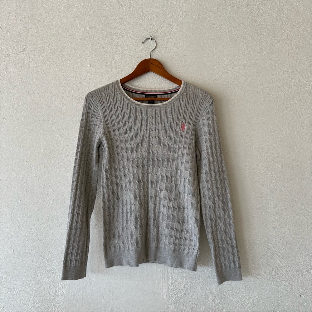 U.S. Polo Assn Cable Knit Sweater Mens Size M Gray Crewneck Cotton Blend